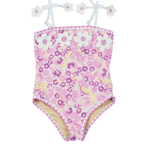 Shade Critters Purple Ditsy Floral Girls Crochet Pom Pom One Piece Swimsuit