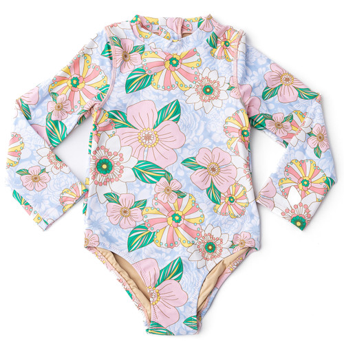 Retro Floral Girls Long Sleeve One Piece Swimsuit 6m-10