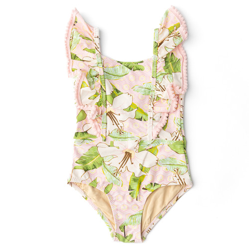 Shade Critters Hibiscus Botanical Pink Girls Ruffle One Shoulder One Piece Swimsuit 6m-6