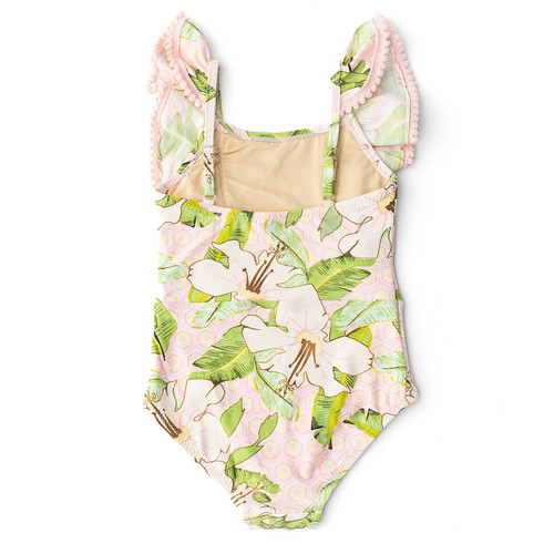 Detail of Shade Critters Hibiscus Botanical Pink Girls Ruffle One Shoulder One Piece Swimsuit 6m-6 Detail of Shade Critters Hibiscus Botanical Pink Girls Ruffle One Shoulder One Piece Swimsuit 6m-6