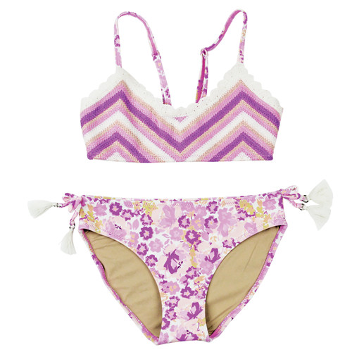 Shade Critter Purple Ditsy Floral Girls Crochet Tie Back Two Piece Swimsuit 7-14