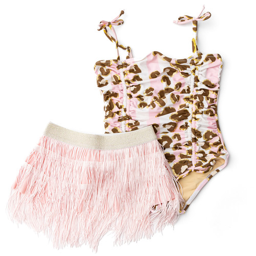 Shade Critters Metallic Leopard Girls One Piece & Fringe Skirt Swim Set 2t-10