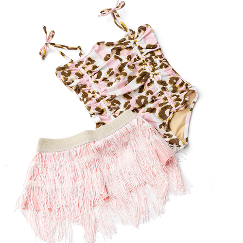 Kids Swim Brand Shade Critters Metallic Leopard Girls One Piece & Fringe Skirt Swim Set 2t-10