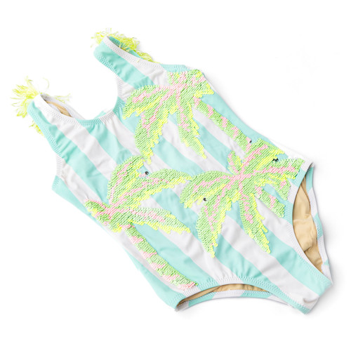 Cute Swimwear by Shade Critters Palm Stripe Girls Sequin Fringe Back One Piece Swimsuit 3t-10