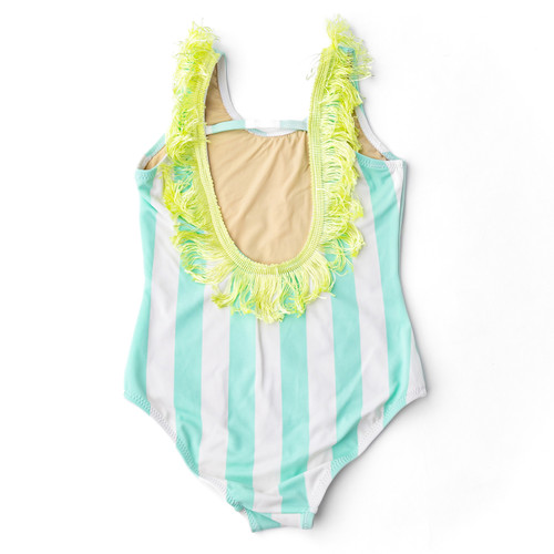 Kids Swim Brand Shade Critters Palm Stripe Girls Sequin Fringe Back One Piece Swimsuit 3t-10