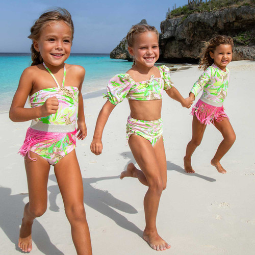 Best Kids Swimwear Brand Shade Critters Palm Beach Leopard Girls Halter One Piece & Fringe Skirt Swim Set 4t-14
