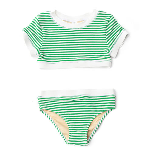 Alternative shot of Shade Critters Green Stripe Girls Ribbed Cropped Short Sleeve Two Piece Swimsuit 4t-14