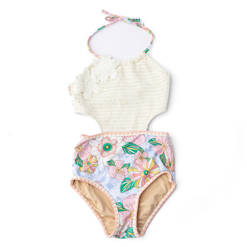 Children's Bathing Suit By Shade Critters Retro Floral Girls Halter Top One Piece Swimsuitt 4t-14