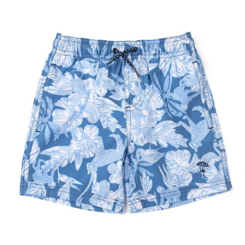 Shade Critters Denim Paradise trunks shown flat with tropical blue print and elastic waistband.