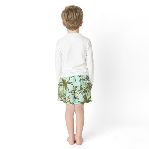 Back view of boys Mint Tropics swim trunks on model with elastic waistband.