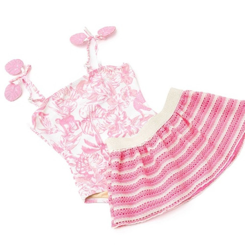 Shade Critters Pink Paradise set showing the one piece and skirt side by side, highlighting the printed animals and glittery waistband.