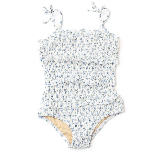 Shade Critters Girls Cottage Floral Blue smocked one piece swimsuit with blue floral print.