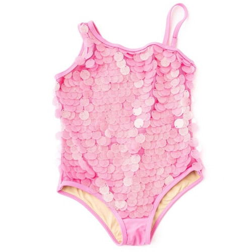 Shade Critters pink one-shoulder swimsuit with full paillette sparkle.