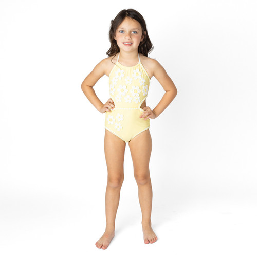 Girls Butter Yellow Daisy one piece swimsuit showing front fit and halter neckline.