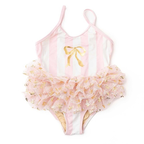 Shade Critters Girls blush stripe skirted one piece swimsuit with gold bow and layered tulle skirt.