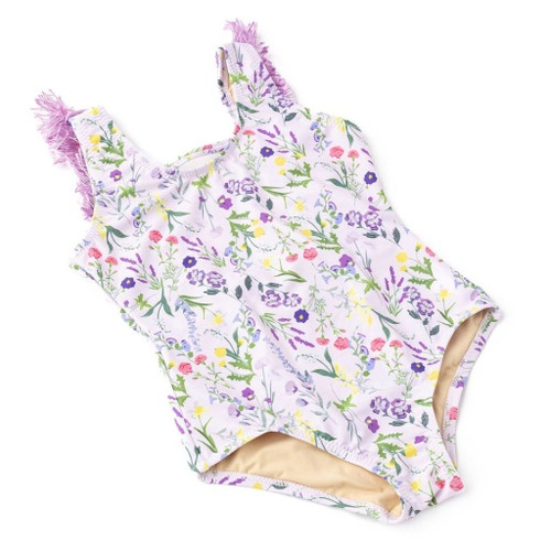 Angled view of wildflower print girls one piece swimsuit highlighting pastel floral detail.
