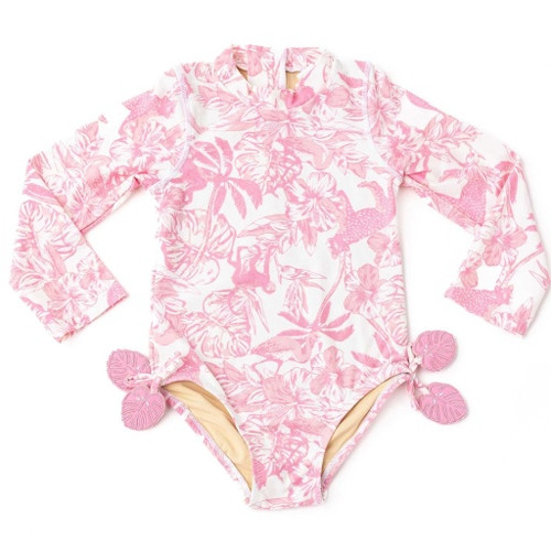 Shade Critters pink tropical long-sleeve swimsuit with leaf- hip details.