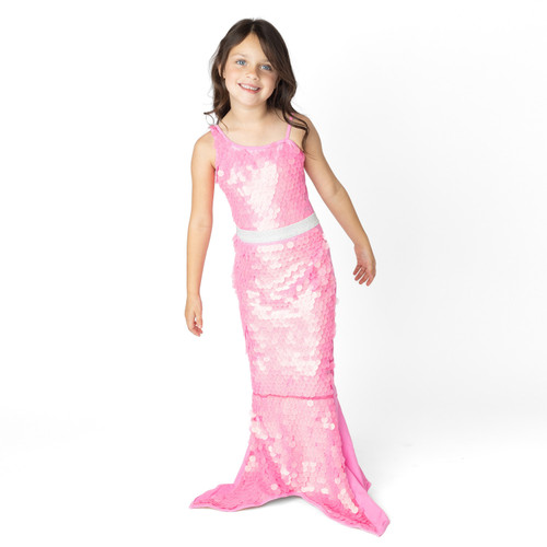 Girls pink paillette mermaid tail cover up on model showing full length and tail shape.