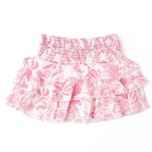 Full layout of the Shade Critters Pink Paradise Girls Smocked Ruffle Skirt highlighting its pink botanical pattern and playful movement.