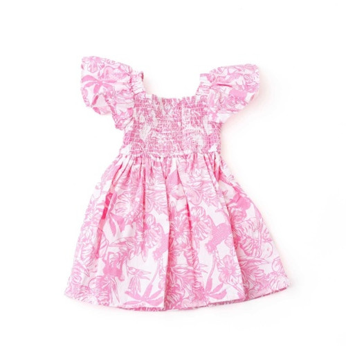 The Shade Critters Pink Paradise Girls Cotton Smocked Dress displayed flat, showing the smocked top, flutter sleeves, and Pink Paradise print.