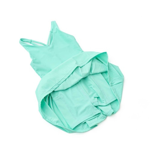 Shade Critters Green Girls Pleated Active Dress. inside-out view highlighting the built-in shorts for added coverage.  