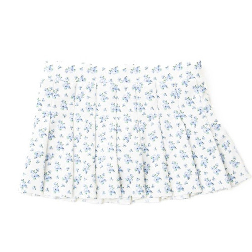 Front View: A front view of the Cottage Floral Blue pleated active skirt by Shade Critters, showing the crisp pleats and sweet blue floral pattern.