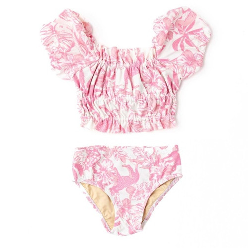 Flat Lay Front: A front flat-lay of the Pink Paradise smocked puff sleeve swimsuit by Shade Critters, showing the smocked top and matching brief bottom.