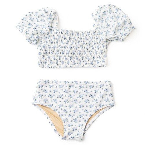 Flat Lay Front: A front flat-lay of the Cottage Floral Blue smocked puff sleeve swimsuit by Shade Critters, showing the smocked top and coordinating brief bottom.