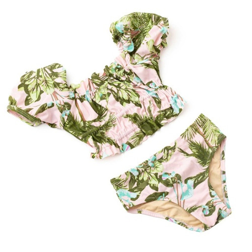 Front View: A full front view of the Shade Critters two-piece highlighting the puff sleeves and tropical palm print.