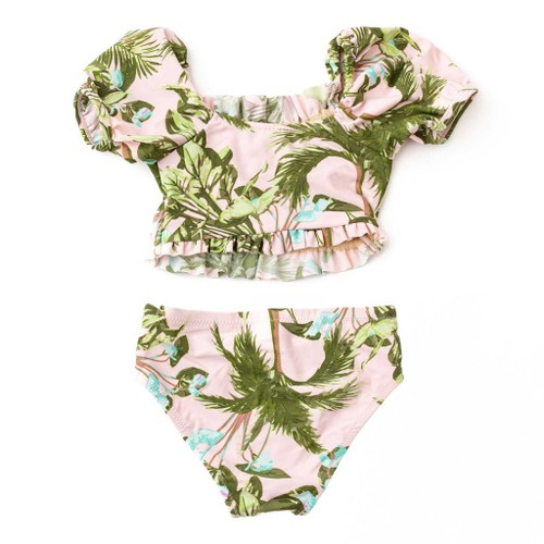 Detail View: A close-up of the smocking, sleeves, and coordinating bottoms in the lush blush tropical print.