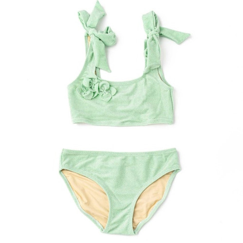 Shade Critters mint shimmer two-piece swimsuit shown from the front, featuring 3D floral appliqué and -shoulder straps.