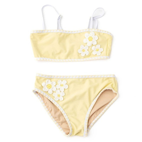 Shade Critters Butter Daisy two-piece swimsuit with crochet daisy appliqués and coordinating trim.