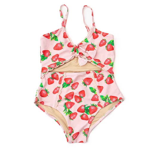Shade Critters girls monokini one piece swimsuit in strawberry bliss print with crochet trim, cut out kids swimwear with fruit pattern.