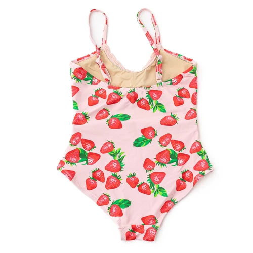Girls fruit print one piece swimsuit with crochet trim and comfortable stretch fit, trendy kids swimwear.