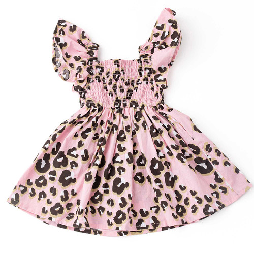 Shade Critters girls cotton smocked dress in leopard print with ruffle sleeves, trendy kids animal print summer dress.
