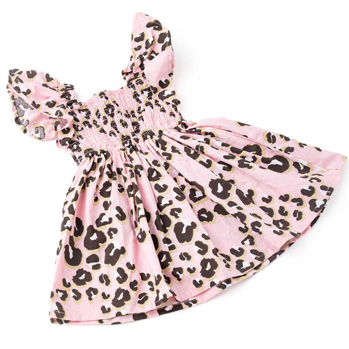 Girls leopard print smocked dress with ruffle sleeves and flowy silhouette, stylish kids summer outfit.
