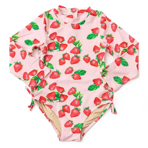 Shade Critters girls long sleeve one piece swimsuit in strawberry bliss print, cute fruit print kids swimwear with full coverage design.