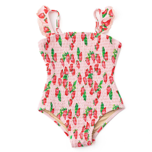 Fresh Floral Pink Crochet Trim Smocked One Piece Swimsuit 6m-10