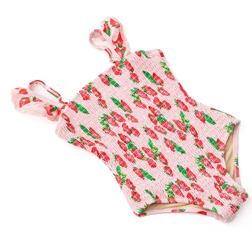 Girls fruit print one piece swimsuit with ruffle straps and smocked design, stylish kids swimwear.
