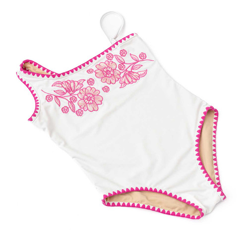 Girls white one shoulder swimsuit with pink embroidered detail and contrast trim, trendy kids swimwear.