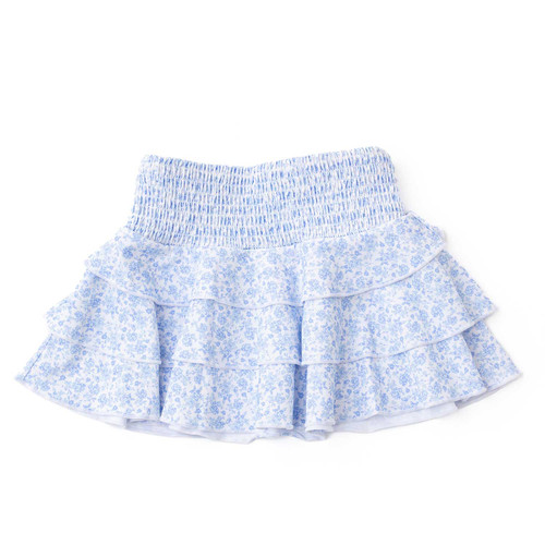 Shade Critters girls smocked ruffle skirt in coastal gardens floral print, soft blue kids swim cover up with tiered design.