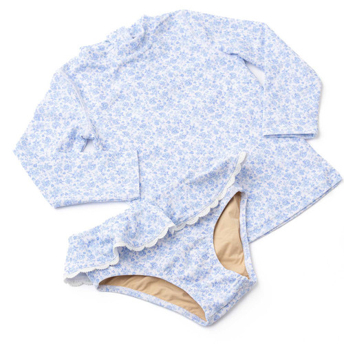Girls blue floral long sleeve swimsuit set with soft stretch fabric, comfortable kids swimwear.