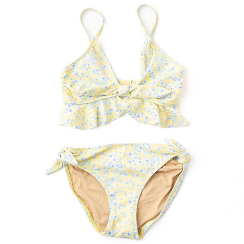 Shade Critters tween girls ribbed ruffle bikini set in butter blooms floral print, soft yellow two piece kids swimwear.