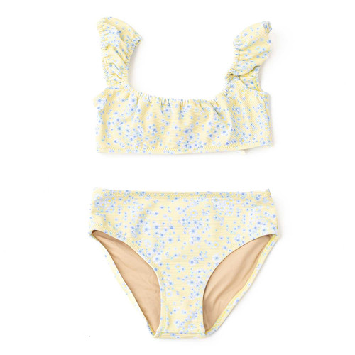 Girls butter blooms floral two piece swimsuit with ribbed texture and cap sleeve top, cute kids swimwear.