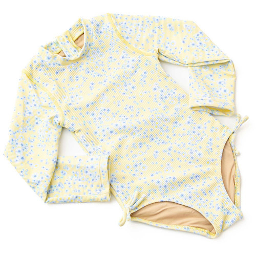 Girls butter blooms floral long sleeve swimsuit with ribbed texture and soft stretch fabric, stylish kids swimwear for sun protection.