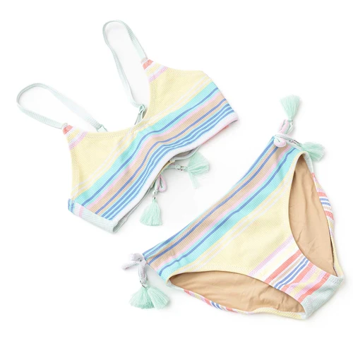 Tween girls surfer stripe ribbed bikini with side ties and soft stretch fabric, trendy kids two piece swimsuit.