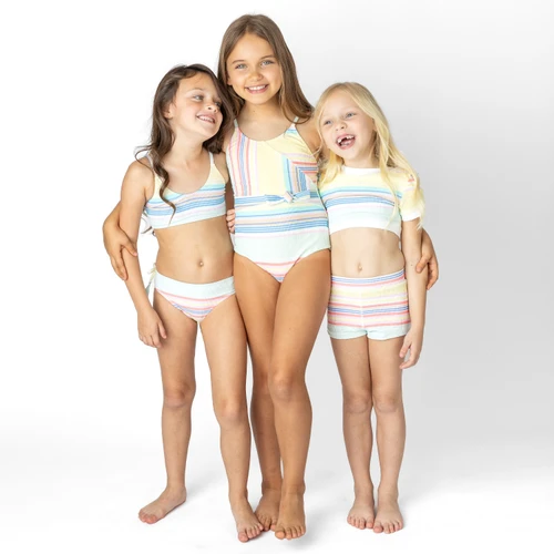 Tween girls surfer stripe two piece swimsuit with ribbed fabric, colorful kids swimwear shown on models.