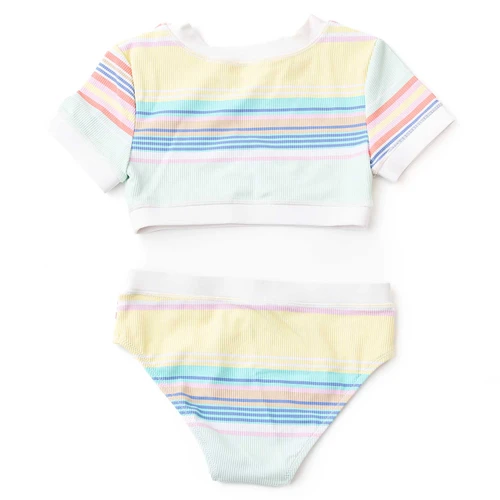 Girls striped ribbed two piece swimsuit with short sleeve top and matching bottoms, comfortable and trendy kids swimwear.