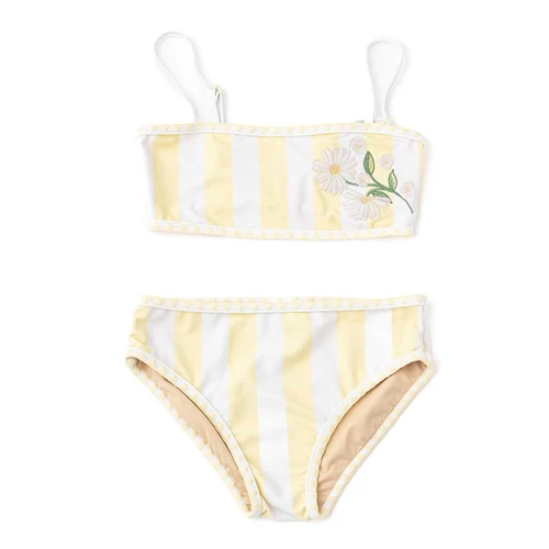 Shade Critters tween girls two piece swimsuit in butter stripe with embroidered detail, soft pastel kids bikini set.