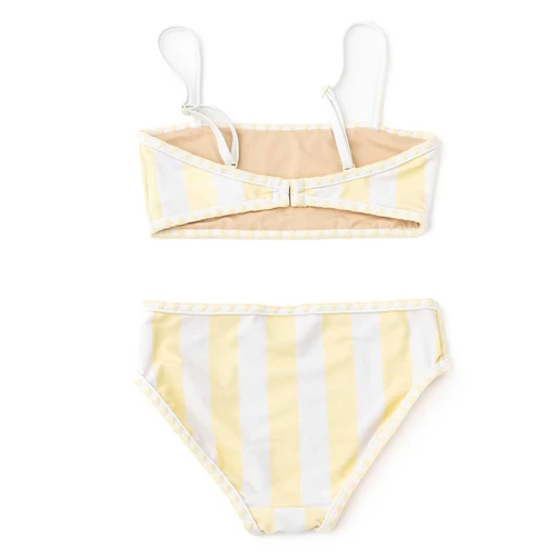 Tween girls pastel striped two piece swimsuit with comfortable fit and classic design, trendy kids swimwear.